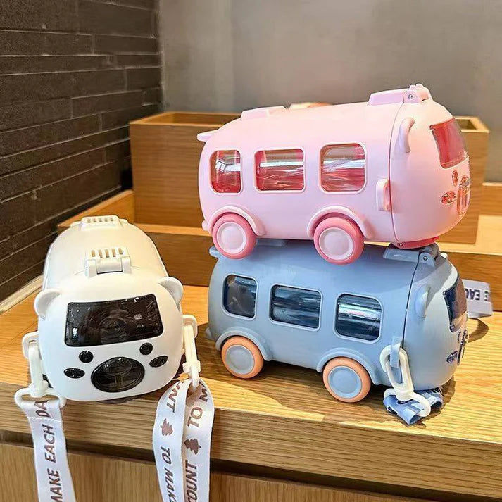 Bus car drinking plastic water bottle with straw/strap