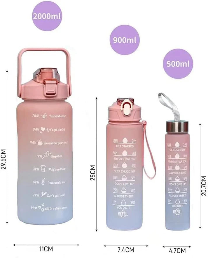 3 Pack Sports Water Bottle With Straw,2L+900ml+500ml Markings Motivational Fitness
