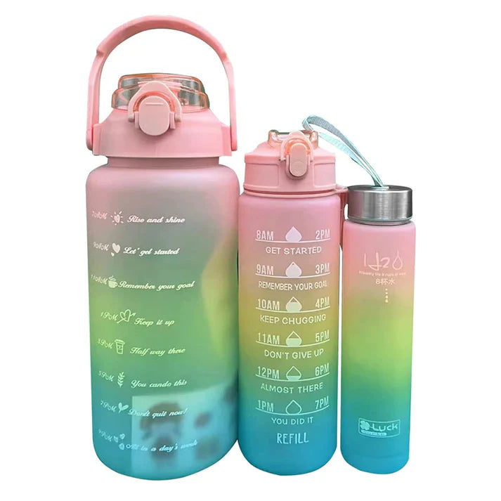 3 Pack Sports Water Bottle With Straw,2L+900ml+500ml Markings Motivational Fitness