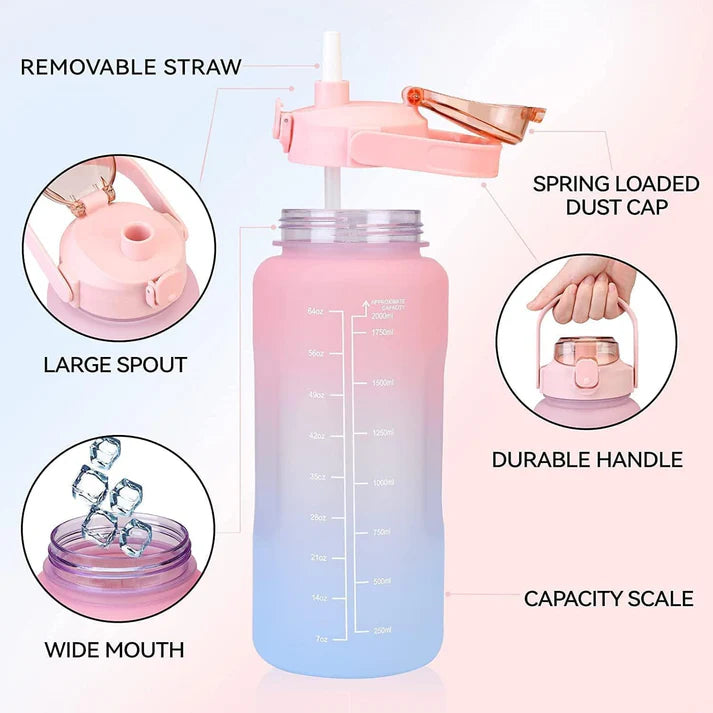 3 Pack Sports Water Bottle With Straw,2L+900ml+500ml Markings Motivational Fitness