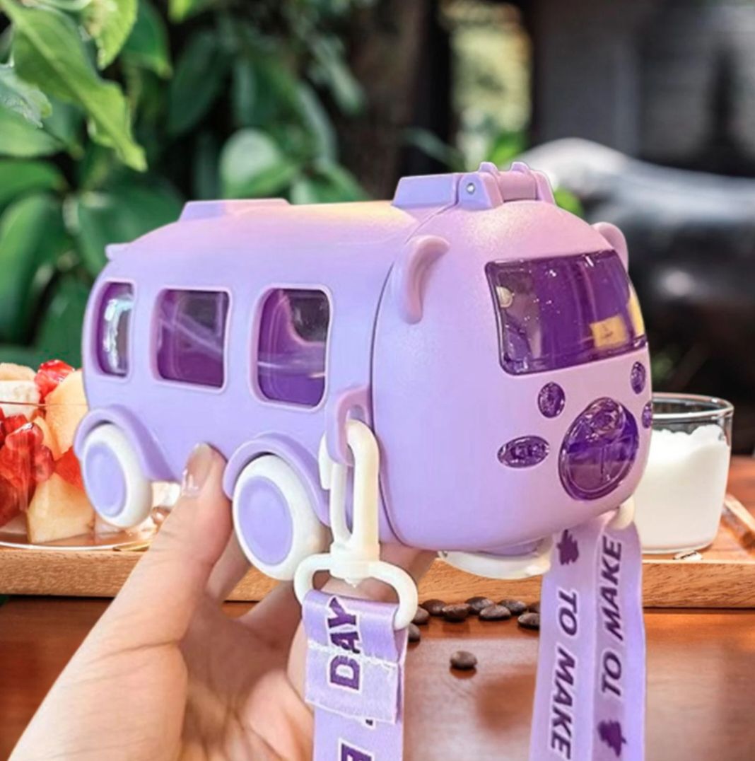 Bus car drinking plastic water bottle with straw/strap