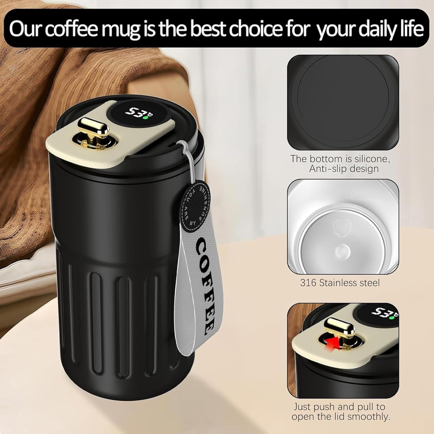 Coffee Mug to Go Digital Display Thermal Mug Coffee 420 ML 316 Stainless Steel Travel