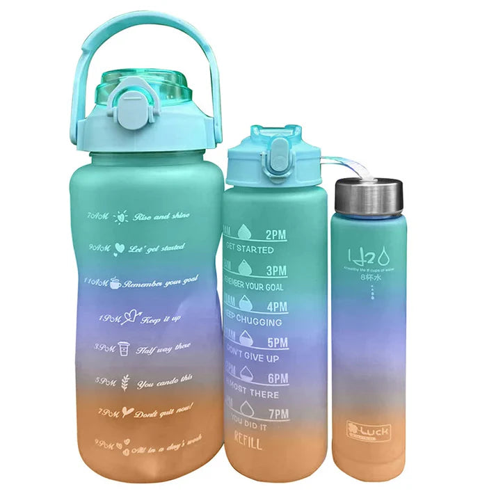 3 Pack Sports Water Bottle With Straw,2L+900ml+500ml Markings Motivational Fitness