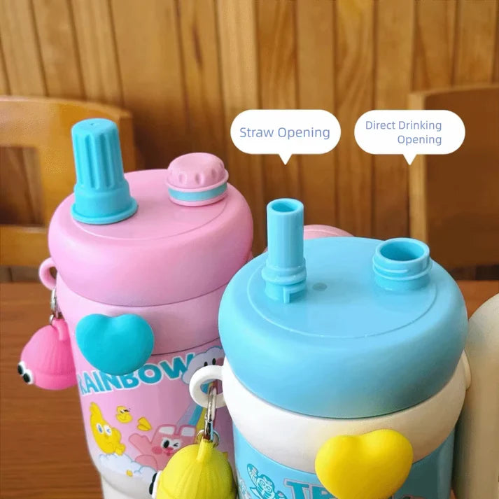 STAINLESS STEEL CUTE MINI PRINTED INSULATED TUMBLER SIPPER FOR KIDS WITH STRAW AND HANDLE 850 ML