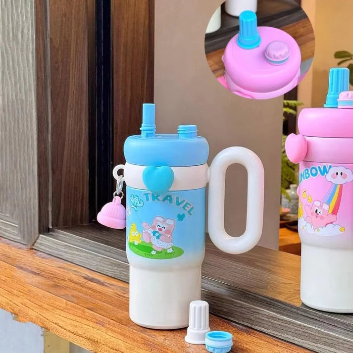 STAINLESS STEEL CUTE MINI PRINTED INSULATED TUMBLER SIPPER FOR KIDS WITH STRAW AND HANDLE 850 ML