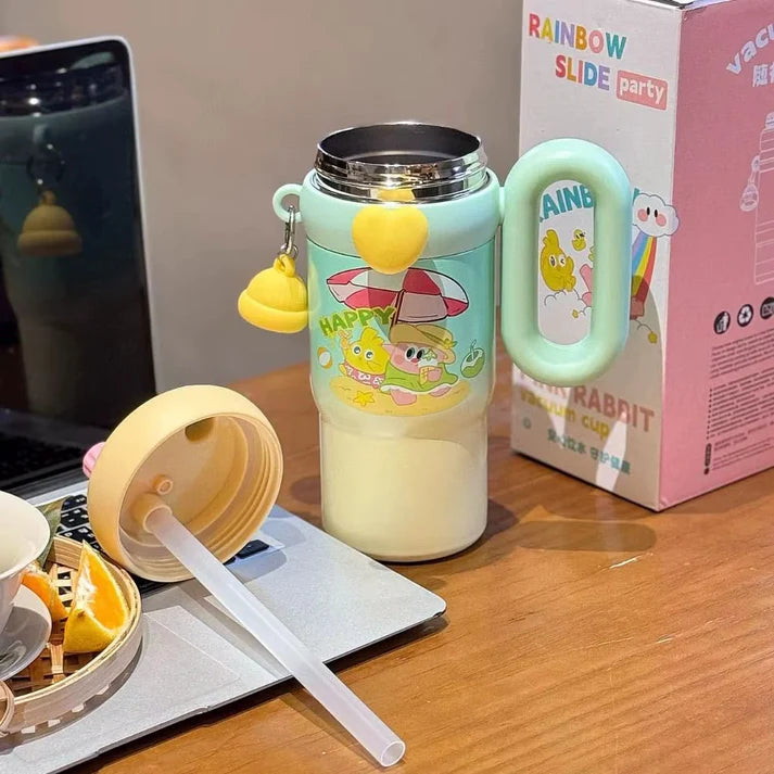 STAINLESS STEEL CUTE MINI PRINTED INSULATED TUMBLER SIPPER FOR KIDS WITH STRAW AND HANDLE 850 ML