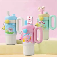 STAINLESS STEEL CUTE MINI PRINTED INSULATED TUMBLER SIPPER FOR KIDS WITH STRAW AND HANDLE 850 ML