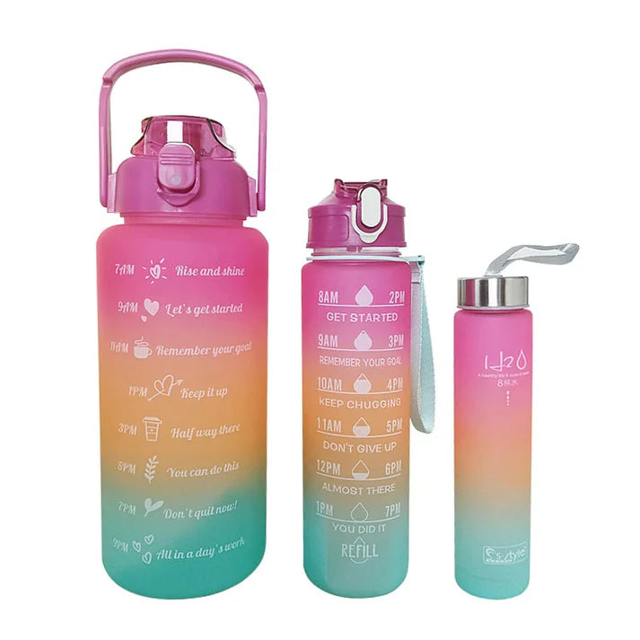 3 Pack Sports Water Bottle With Straw,2L+900ml+500ml Markings Motivational Fitness