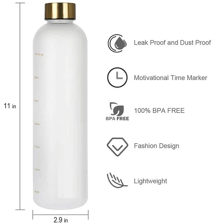 1L Water Bottle With Time Marker Outdoor Travel Leakproof Frosted Plastic