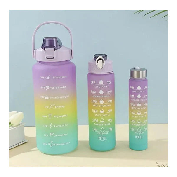 3 Pack Sports Water Bottle With Straw,2L+900ml+500ml Markings Motivational Fitness