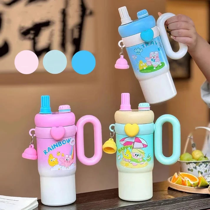 STAINLESS STEEL CUTE MINI PRINTED INSULATED TUMBLER SIPPER FOR KIDS WITH STRAW AND HANDLE 850 ML