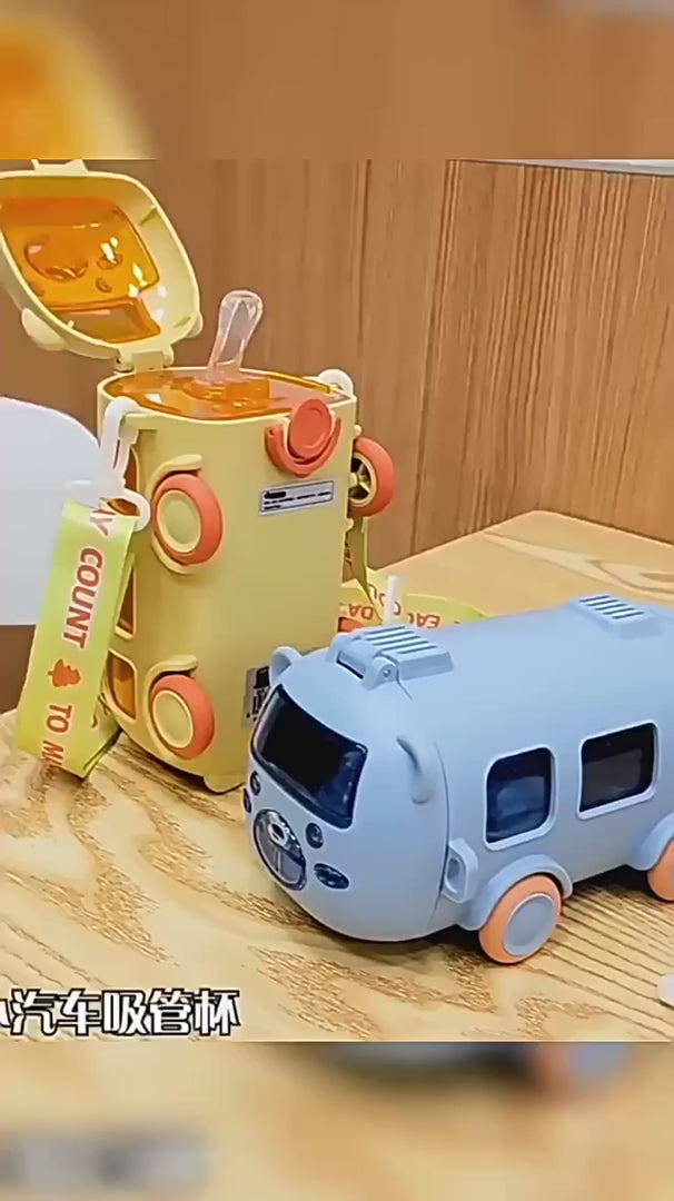 Bus car drinking plastic water bottle with straw/strap